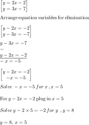 \begin{bmatrix}y=2x-2\\ y=3x-7\end{bmatrix}\\\\\mathrm{Arrange\:equation\:variables\:for\:elimination}\\\\\begin{bmatrix}y-2x=-2\\ y-3x=-7\end{bmatrix}\\\\y-3x=-7\\-\\\underline{y-2x=-2}\\-x=-5\\\\\begin{bmatrix}y-2x=-2\\ -x=-5\end{bmatrix}\\\\Solve\:-x=-5\:for\:x \:,x =5\\\\\mathrm{For\:}y-2x=-2\mathrm{\:plug\:in\:}x=5\\\\Solve \:y-2\times 5 =-2\:for\:y\:\: ,y =8\\\\y=8,\:x=5
