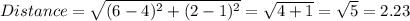 Distance=\sqrt{(6-4)^{2} +(2-1)^{2} } =\sqrt{4+1} =\sqrt{5}=2.23