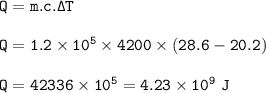 \tt Q=m.c.\Delta T\\\\Q=1.2\times 10^5\times 4200\times (28.6-20.2)\\\\Q=42336\times 10^5=4.23\times 10^9~J