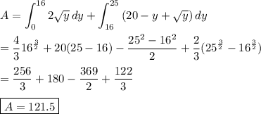 \displaystyle A=\int_0^{16}{2\sqrt{y}}\,dy+\int_{16}^{25}{(20-y+\sqrt{y})}\,dy\\\\=\dfrac{4}{3}16^{\frac{3}{2}}+20(25-16)-\dfrac{25^2-16^2}{2}+\dfrac{2}{3}(25^{\frac{3}{2}}-16^{\frac{3}{2}})\\\\=\dfrac{256}{3}+180-\dfrac{369}{2}+\dfrac{122}{3}\\\\\boxed{A=121.5}