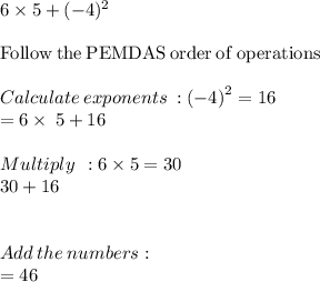 6\times 5+(-4)^2\\\\\mathrm{Follow\:the\:PEMDAS\:order\:of\:operations}\\\\Calculate \:exponents \: : \left(-4\right)^2=16\\=6\times \:5+16\\\\Multiply \:\:: 6\times 5 =30\\30+16\\\\\\Add\:the \:numbers :\\= 46