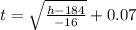 t=\sqrt{\frac{h-184}{-16}}+0.07