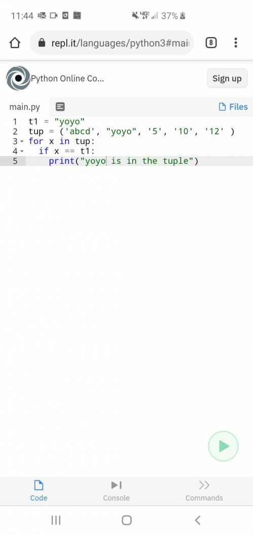 Given the variable t1 and tuple below, write a small piece of code that uses the in or not in the me