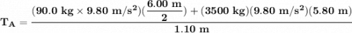 \mathbf{T_A = \dfrac{(90.0 \ kg \times 9.80 \ m/s^2) (\dfrac{6.00 \ m}{2}) + (3500 \ kg )(9.80 \ m/s^2)(5.80 \ m)}{1.10 \ m}}