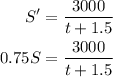 \begin{aligned}S' &= \dfrac{3000}{t+1.5} \\0.75S &= \dfrac{3000}{t+1.5} \end{aligned}