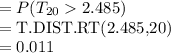 =P(T_{20}2.485)\\=\text{T.DIST.RT(2.485,20)}\\=0.011