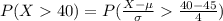 P(X40)=P(\frac{X-\mu}{\sigma}\frac{40-45}{4})