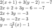 2(x+1)+3(y-2)=-7\\2x+2 + 3y- 6 = -7\\2x + 3y = -3\\3y = -2x -3\\y = \frac{-2}{3}(x) - 1