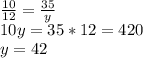 \frac{10}{12}= \frac{35}{y}\\10y = 35*12=420\\y=42
