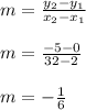 m=\frac{y_2-y_1}{x_2-x_1} \\\\m=\frac{-5-0}{32-2} \\\\m=-\frac{1}{6}