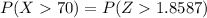 P(X  70) =  P(Z   1.8587 )