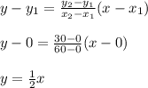 y-y_1=\frac{y_2-y_1}{x_2-x_1} (x-x_1)\\\\y-0=\frac{30-0}{60-0} (x-0)\\\\y=\frac{1}{2}x