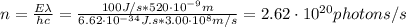 n = \frac{E \lambda}{hc} = \frac{100 J/s*520 \cdot 10^{-9} m}{6.62 \cdot 10^{-34} J.s*3.00 \cdot 10^{8} m/s} = 2.62 \cdot 10^{20} photons/s