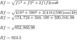 Rf = \sqrt{f1^2+f2^2+2f1f2cos\theta} \\\\ Rf = \sqrt{418^2+590^2+2(418)(590)cos(48)}\\\ Rf = \sqrt{174,724+348,100+330,041.98} \\\\ Rf = \sqrt{852,865.98}\\\\ Rf = 923.5