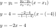 y- y_1=\frac{y_2-y_1}{x_2-x_1} (x-x_1)\\\\y-4=\frac{-2-4}{-1-(-4)} (x-(-4))\\\\y=-2x-4