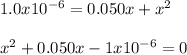1.0x10^{-6}=0.050x+x^2\\\\x^2+0.050x-1x10^{-6}=0