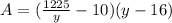 A = (\frac{1225}{y} - 10)(y - 16)