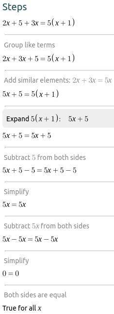 2x + 5 + 3x = 5(x + 1)*

No Solution
Infinitely Many Solutions
One Solution x=2
O
One Solution x= -2