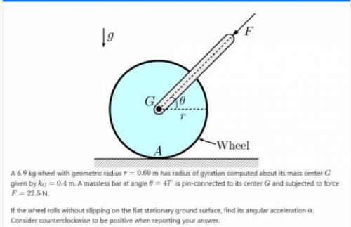 A 6.9-kg wheel with geometric radius m has radius of gyration computed about its mass center given b