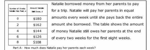Natalie borrowed money from her parents to pay for a trip. Natalie will pay her parents in equal amo