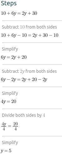 What is the solution for 10 + 6y = 2y + 30?