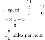 \Rightarrow\ speed =\dfrac{\dfrac{11}2}{3}=\dfrac{11}{6}\\\\=\dfrac{6\times1+5}{6}\\\\=1\dfrac56\text{ miles per hour.}