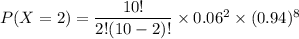P(X=2)=\dfrac{10!}{2!(10-2)!}\times  0.06^2\times (0.94)^{8}