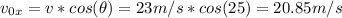 v_{0x} = v*cos(\theta) = 23 m/s*cos(25) = 20.85 m/s