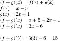 (f+g)(x) =f(x) + g(x)\\f(x) = x+ 5\\g(x) = 2x + 1\\(f+g)(x) = x+ 5 + 2x + 1\\(f+g)(x) = 3x + 6\\\\(f+g)(3) = 3(3) + 6 = 15