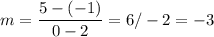 \displaystyle m=\frac{5-(-1)}{0-2}=6/-2=-3