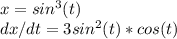 x=sin^3(t)\\dx/dt = 3 sin^2(t)* cos(t)
