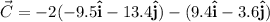 \vec C=-2(-9.5\mathbf{\hat{i}}-13.4\mathbf{\hat{j}})-(9.4\mathbf{\hat{i}}-3.6\mathbf{\hat{j}})