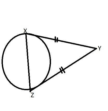 Line segments xy and zy are tangent to circle o. which kind of triangle must triangle xyz be?  an eq