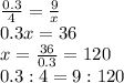 \frac{0.3}{4} = \frac{9}{x}\\0.3x = 36\\x = \frac{36}{0.3} = 120  \\0.3:4 = 9:120