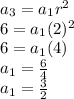 a_3=a_1r^2\\6=a_1(2)^2\\6=a_1(4)\\a_1= \frac{6}{4}\\a_1= \frac{3}{2}