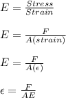 E = \frac{Stress}{Strain}\\\\E = \frac{F}{A(strain)}\\\\E =   \frac{F}{A(\epsilon)}\\\\\epsilon = \frac{F}{A E}\\\\