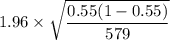 1.96 \times \sqrt{{\dfrac {0.55 ( 1 - 0.55) }{579}}