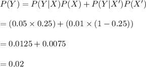 P(Y)=P(Y|X)P(X)+P(Y|X')P(X')\\\\=(0.05\times 0.25)+(0.01\times (1-0.25))\\\\=0.0125+0.0075\\\\=0.02