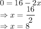 0=16-2x\\\Rightarrow x=\dfrac{16}{2}\\\Rightarrow x=8