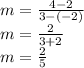 m = \frac{4-2}{3-(-2)}\\m = \frac{2}{3+2}\\m=\frac{2}{5}
