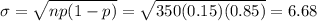 \sigma = \sqrt{np(1-p)} = \sqrt{350(0.15)(0.85)} = 6.68