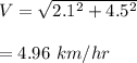 V=\sqrt{2.1^2+4.5^2} \\\\=4.96\ km/hr