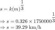 s=k (m)^{\dfrac{1}{3}}\\\Rightarrow s=0.326\times 1750000^{\dfrac{1}{3}}\\\Rightarrow s=39.29\ \text{km/h}