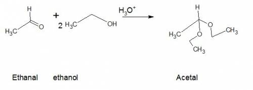 Draw the acetal produced when ethanol adds to ethanal.