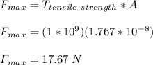 F_{max} = T_{tensile \ strength}*A\\\\F_{max} = (1*10^9)(1.767*10^{-8})\\\\F_{max} = 17.67 \ N