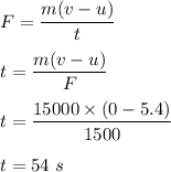 F=\dfrac{m(v-u)}{t}\\\\t=\dfrac{m(v-u)}{F}\\\\t=\dfrac{15000\times (0-5.4)}{1500}\\\\t=54\ s
