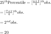 25^{th} \text{Percentile}=[\frac{n+1}{4}]^{th}obs.\\\\=[\frac{7+1}{4}]^{th}obs.\\\\=2^{nd}obs.\\\\=20