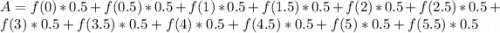 A = f(0)*0.5+f(0.5)*0.5+f(1)*0.5+f(1.5)*0.5+f(2)*0.5+f(2.5)*0.5+f(3)*0.5+f(3.5)*0.5+f(4)*0.5+f(4.5)*0.5+f(5)*0.5+f(5.5)*0.5