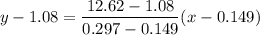 $y-1.08 = \frac{12.62 - 1.08}{0.297 - 0.149}(x-0.149)$