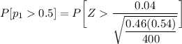P[p_10.5] = P \bigg [ Z\dfrac{0.04}{\sqrt{\dfrac{0.46(0.54)}{400}}}   \bigg]